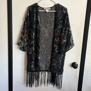 Floral Patterned Velvet & Sheer Kimono with Fringe